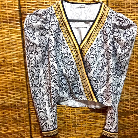 EUC Everlynn Apparel Black alligator gold key design trim Hi low blouse M - Picture 1 of 7